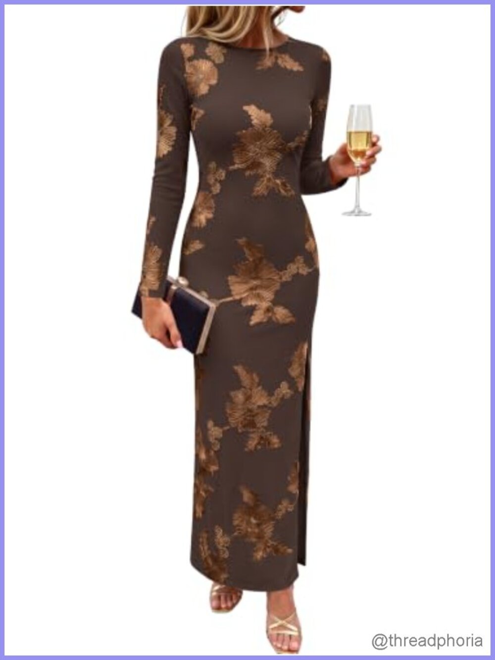 Slim Fit Long Sleeve Floral Maxi Dress Embroidered Wedding Guest Cocktail